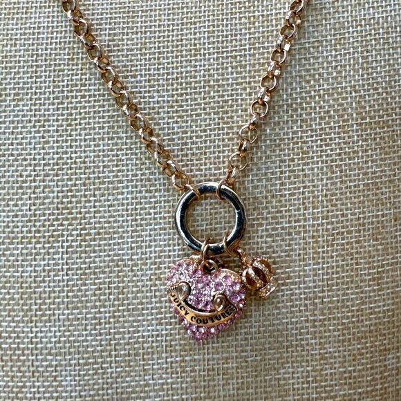 Juicy Couture Gold Tone Heart & Crown Charm Necklace With Pink Rhinestones - Picture 2 of 12